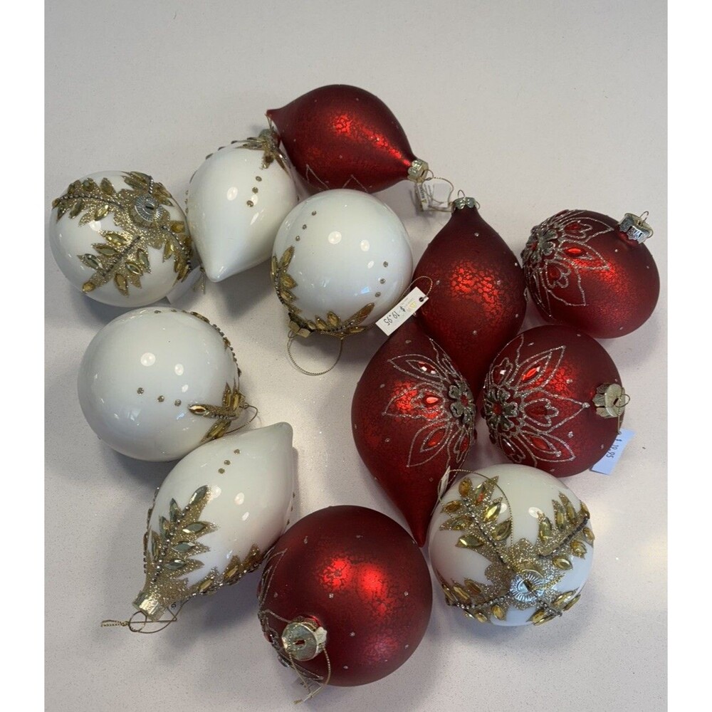 Set Of 12 Red White Glass Ornaments Rhinestone Beaded Christmas Holiday Decor